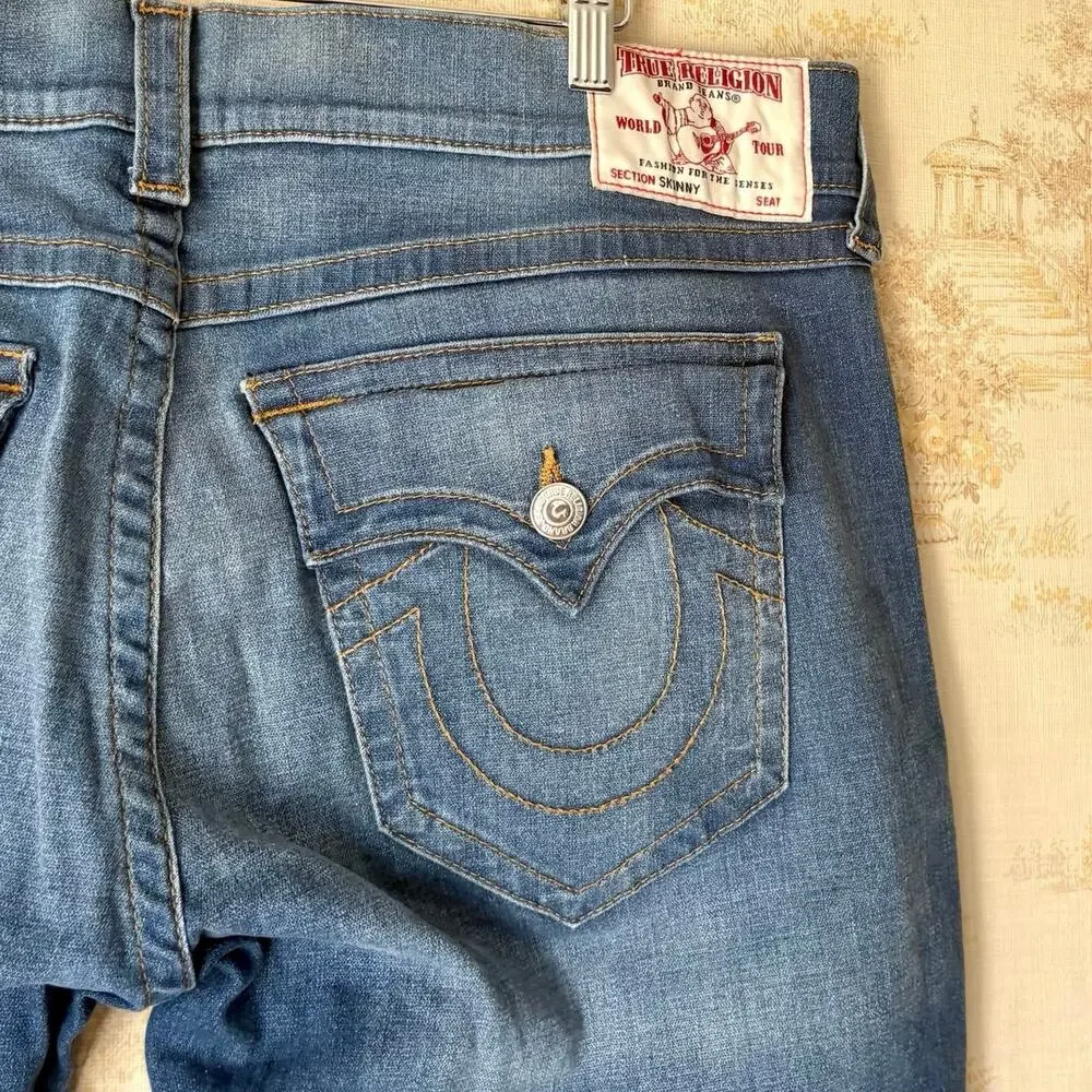 True Religion Skinny Flap Jeans Mens 40 Blue Horseshoe Single Needle Modern